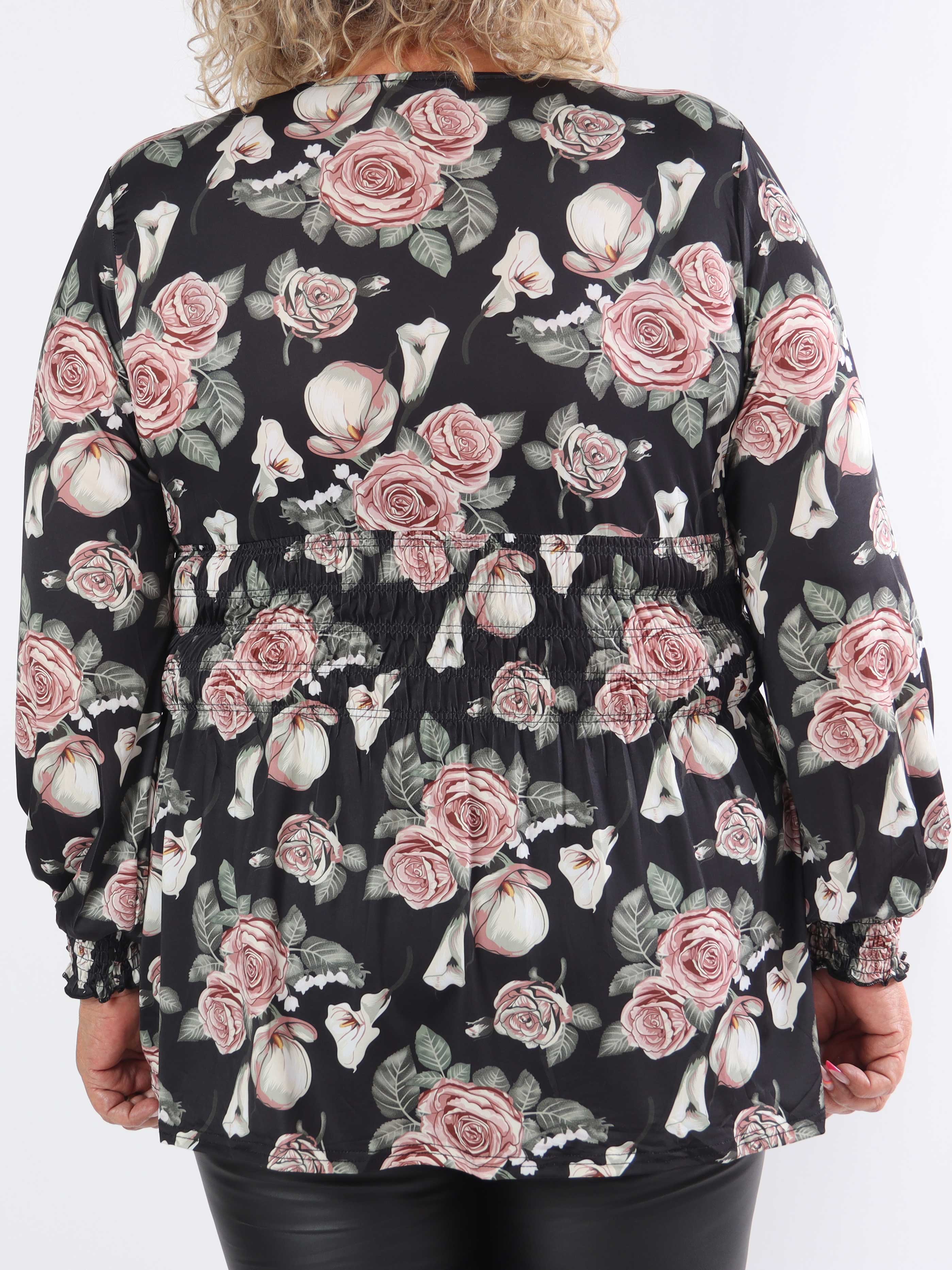 Pams Rose Shirt L/S - Elastisk plus size blus i skrynkelfritt tyg med rosor